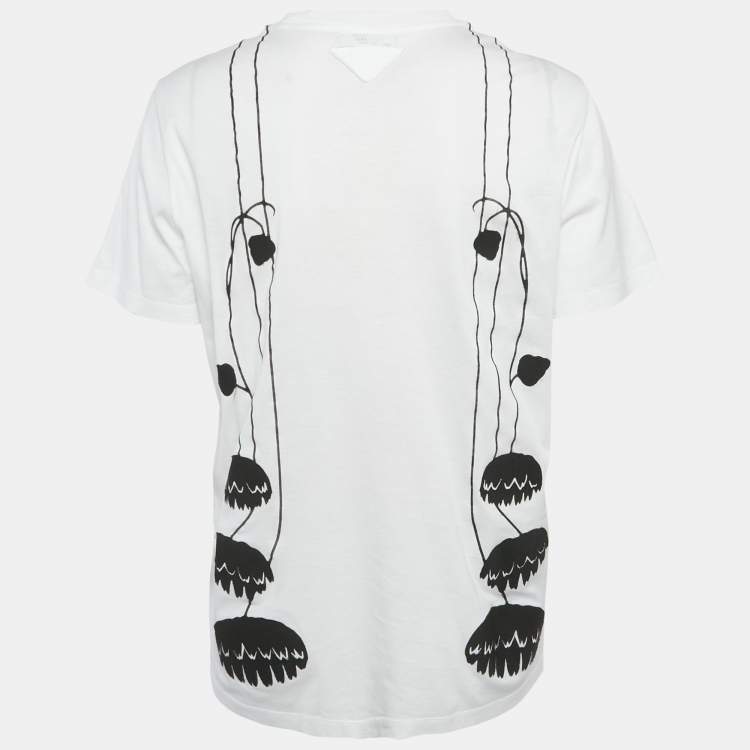 Pre Owned Prada White Floral Detail Crew Neck T-Shirt M