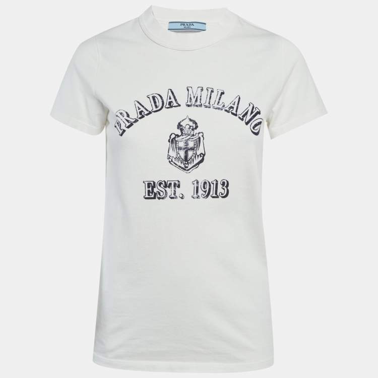 Pre Owned Prada White Logo Print Jersey T-Shirt M