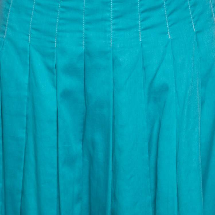 Pre Owned Prada Blue Cotton Contrast Silk Trim Detail Pleated Skirt M