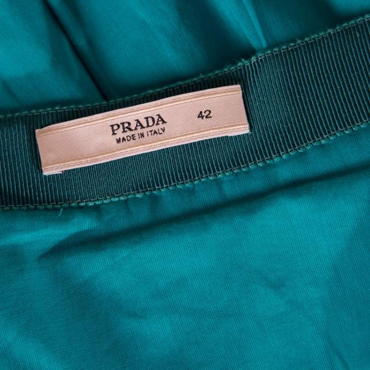 Pre Owned Prada Blue Cotton Contrast Silk Trim Detail Pleated Skirt M