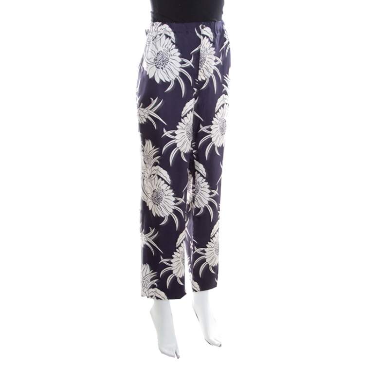 Pre Owned Prada Navy Blue Tropical Floral Printed Silk Elasticized Waist Pyjamas XL