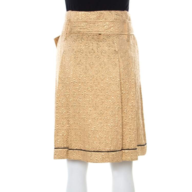 Pre Owned Prada Gold Floral Embossed Jacquard Belted Pleated Midi Skirt S