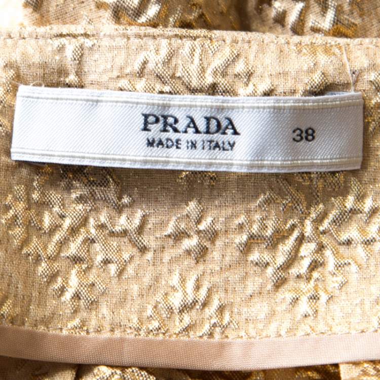 Pre Owned Prada Gold Floral Embossed Jacquard Belted Pleated Midi Skirt S