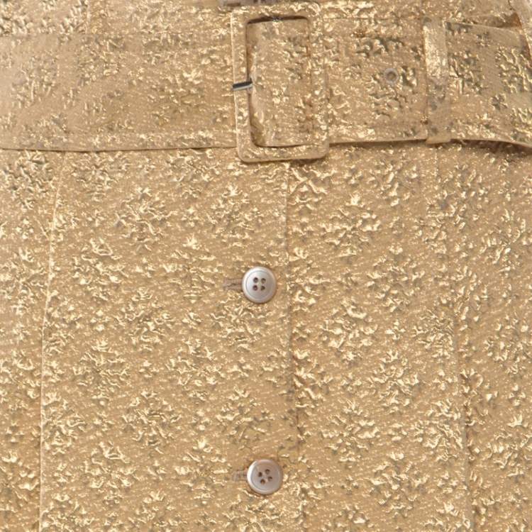 Pre Owned Prada Gold Floral Embossed Jacquard Belted Pleated Midi Skirt S