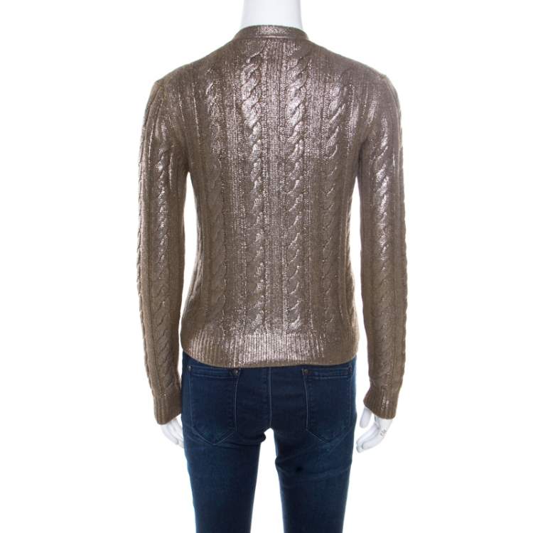 Pre Owned Prada Brown Metallic Coated Cable Knit Wool and Cashmere Cardigan S