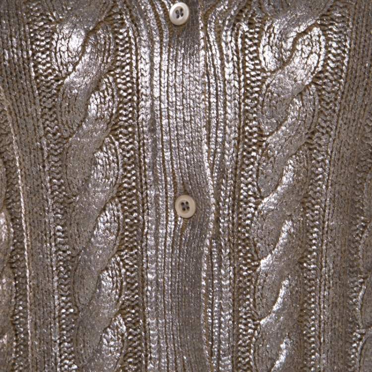 Pre Owned Prada Brown Metallic Coated Cable Knit Wool and Cashmere Cardigan S