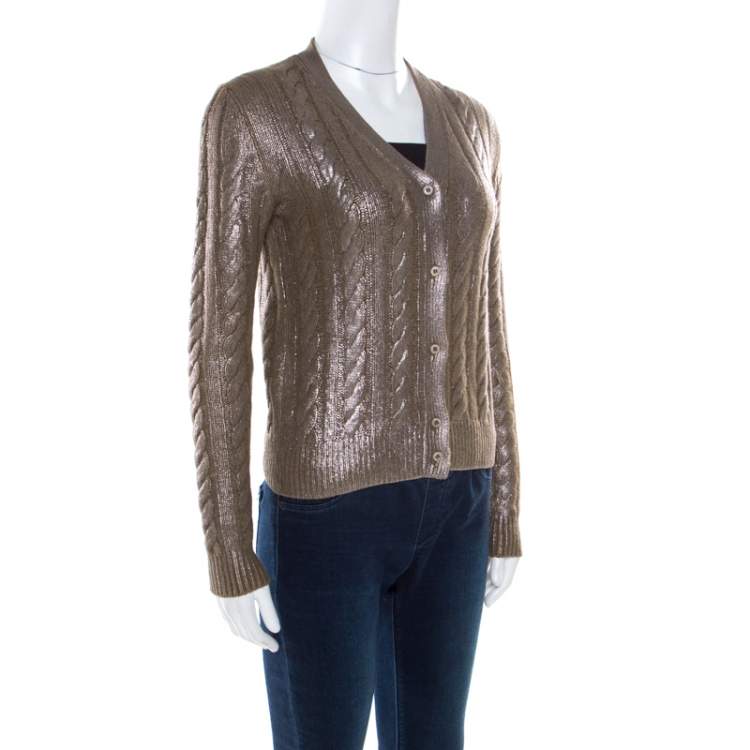 Pre Owned Prada Brown Metallic Coated Cable Knit Wool and Cashmere Cardigan S