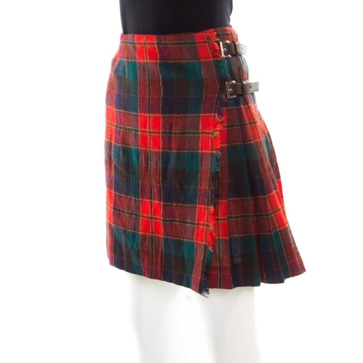 Pre Owned Prada Multicolor Tartan Plaid Pleated Wrap mini Skirt S