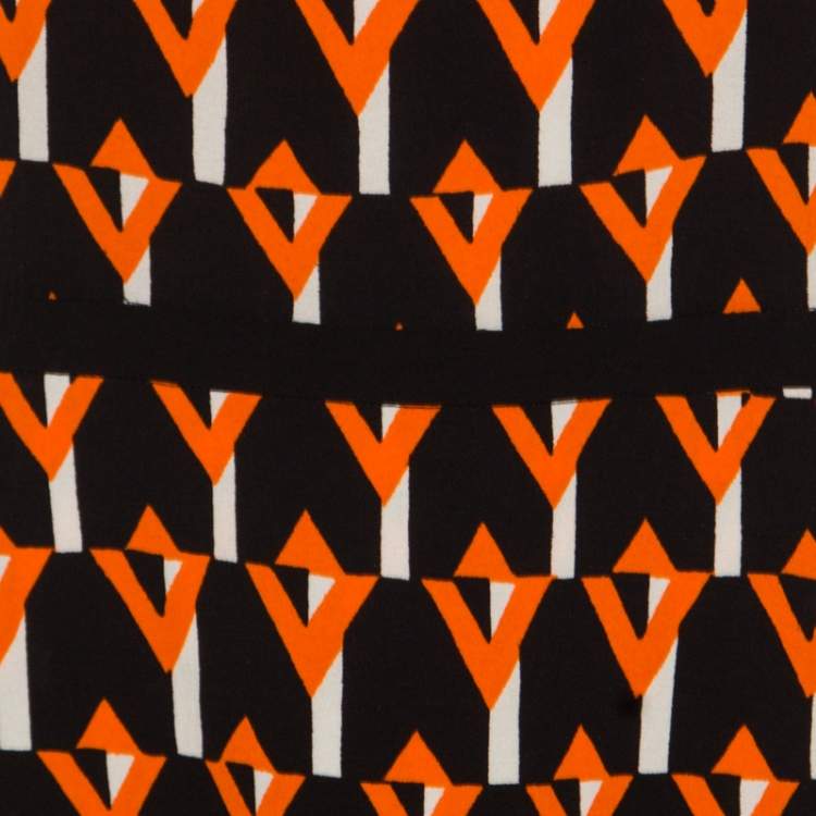 مملوكة مسبقًا Prada Black and Orange Geometric Printed Crepe Short Sleeve Dress M