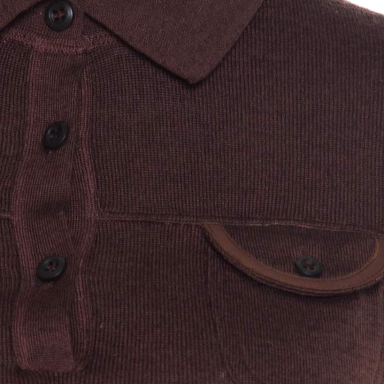 Pre Owned Prada Brown Silk and Wool Rib Knit Leather Patch Detail Polo T- Shirt M