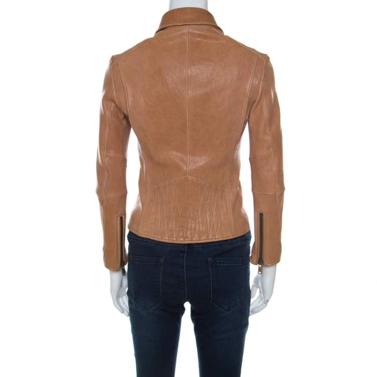 Pre Owned Prada Beige Lamb Leather Zip Front Biker Jacket S