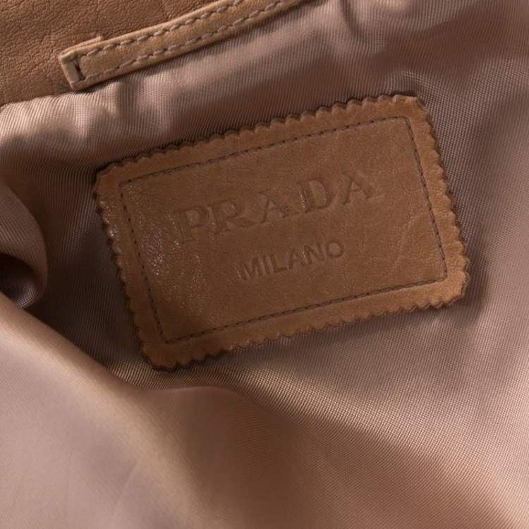 Pre Owned Prada Beige Lamb Leather Zip Front Biker Jacket S