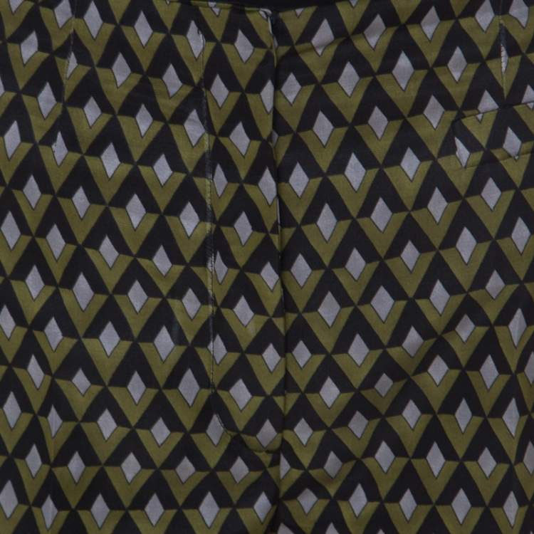 Pre Owned Prada Green Geometric Pattern Silk Embellished Hem Detail Trousers M 