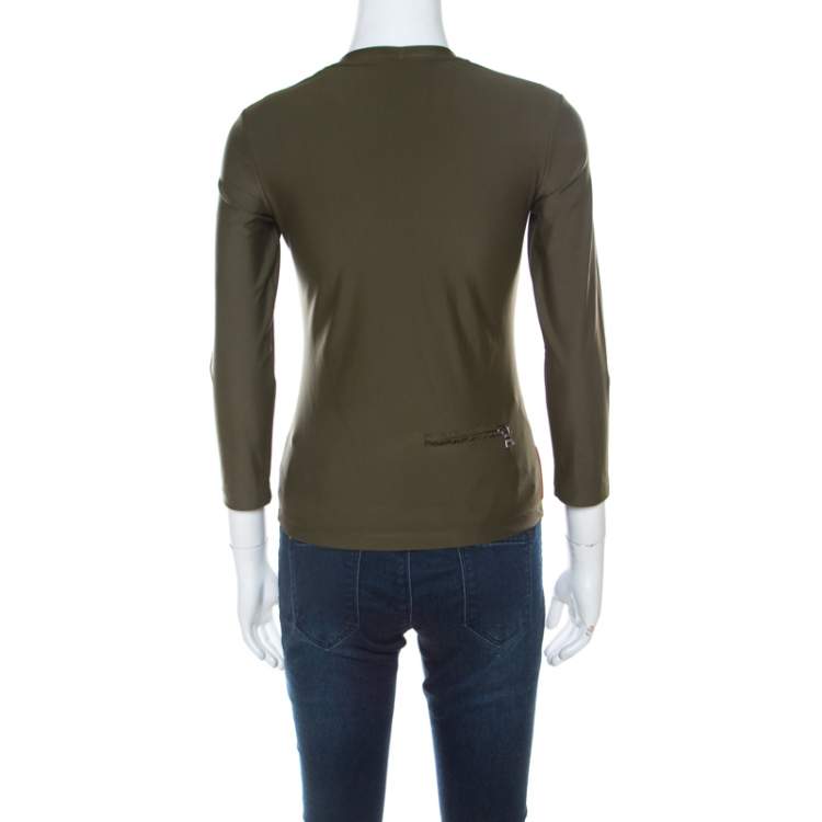 Pre Owned Prada Olive Green Silk Blend Pocket Detail Long Sleeve Top XS