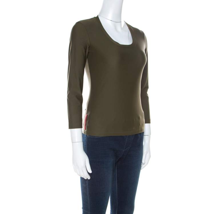 Pre Owned Prada Olive Green Silk Blend Pocket Detail Long Sleeve Top XS