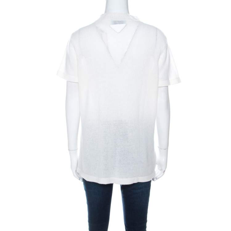 Pre Owned Prada Off White Ribbed Cashmere Knit High Collar Sweater Top M