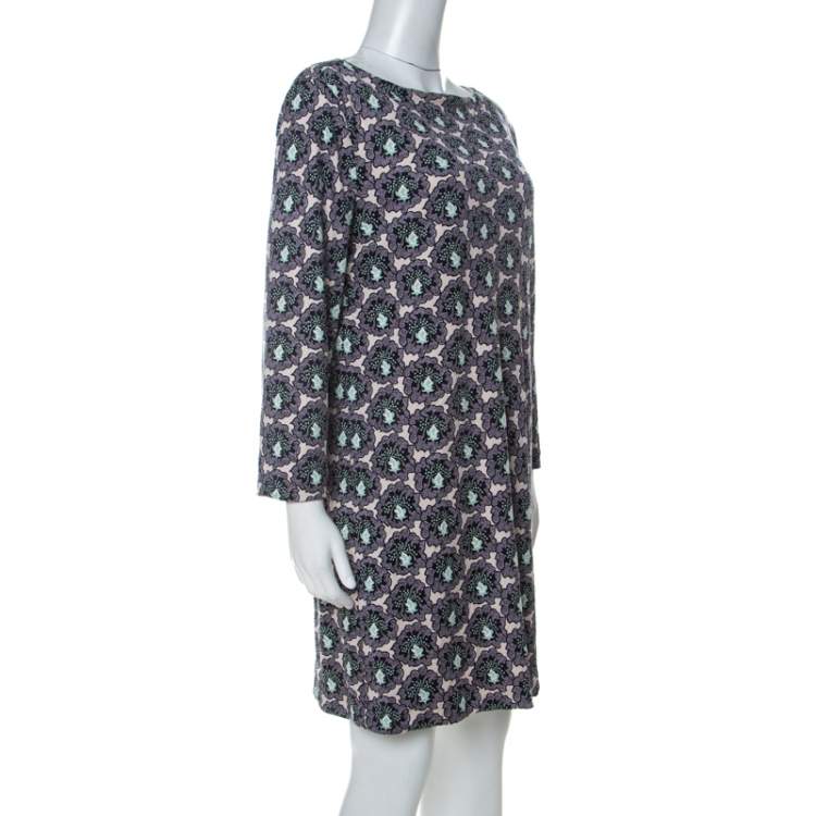 Pre Owned Prada Multicolor Floral Paisely Printed Silk Jersey Long Sleeve Shift Dress L 