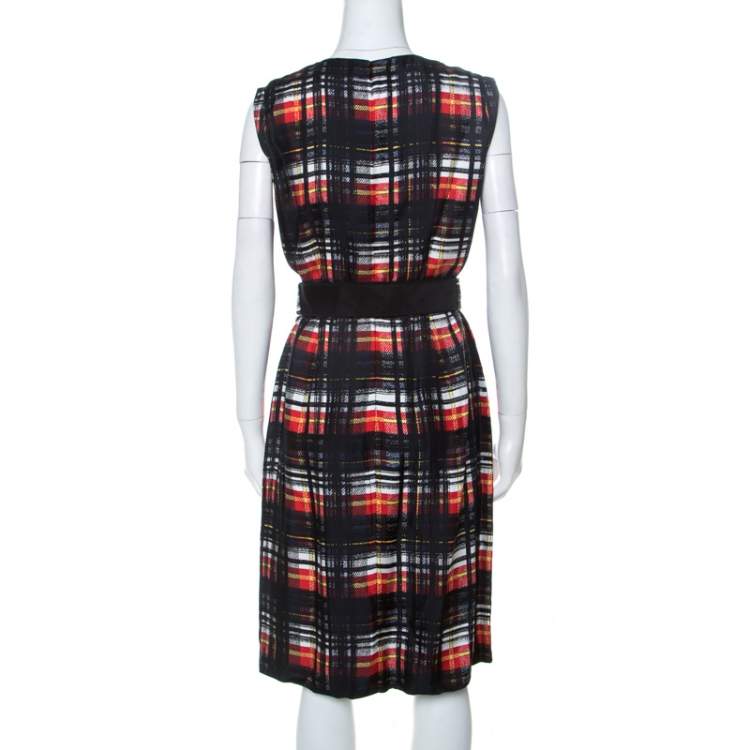 Pre Owned Prada Black and Red Plaid Printed Silk Sleeveless Belted Dress M 
