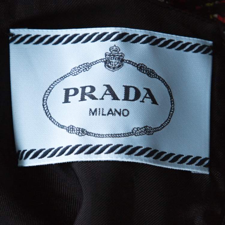 Pre Owned Prada Black and Red Plaid Printed Silk Sleeveless Belted Dress M 