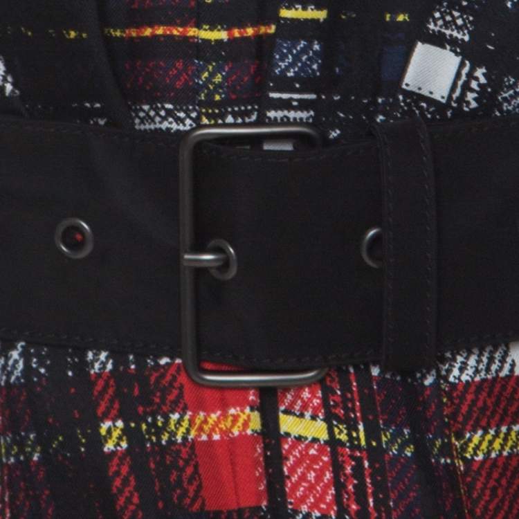 Pre Owned Prada Black and Red Plaid Printed Silk Sleeveless Belted Dress M 