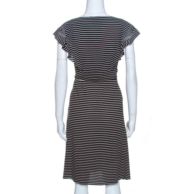 Pre Owned Prada Black and White Crepe Illusion Stripe Butterfly Sleeve Dress M