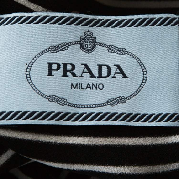 Pre Owned Prada Black and White Crepe Illusion Stripe Butterfly Sleeve Dress M