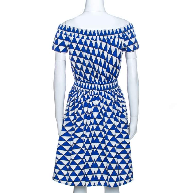 Pre Owned Prada Blue and White Geometric Printed Cotton Off Shoulder Dress M