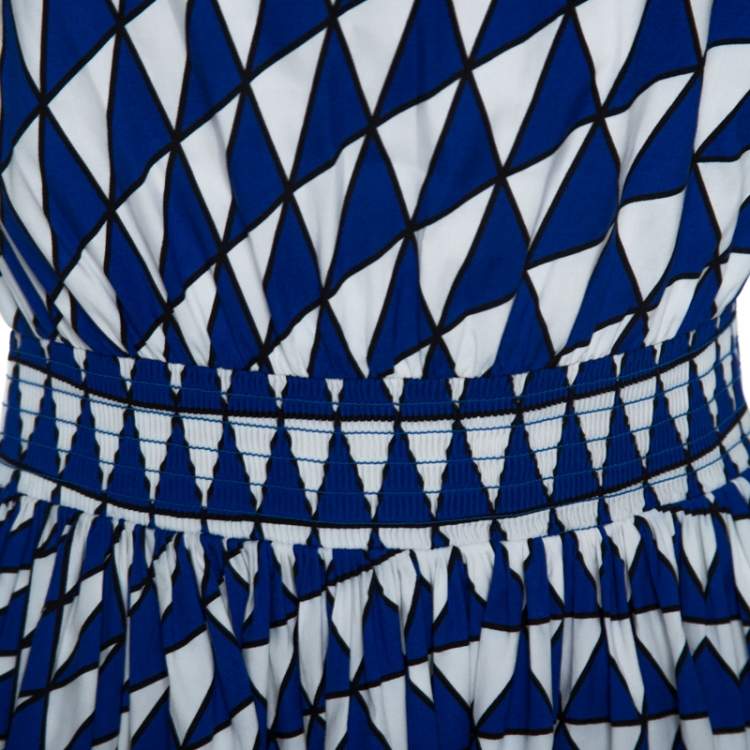 Pre Owned Prada Blue and White Geometric Printed Cotton Off Shoulder Dress M