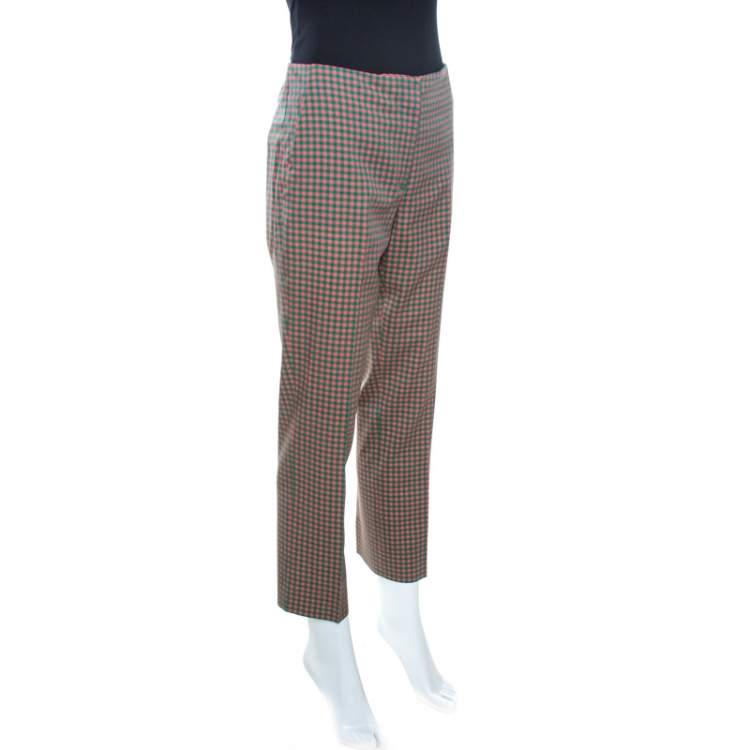 Pre Owned Prada Green and Peach Checkered Wool Blend Fitted Trousers M
