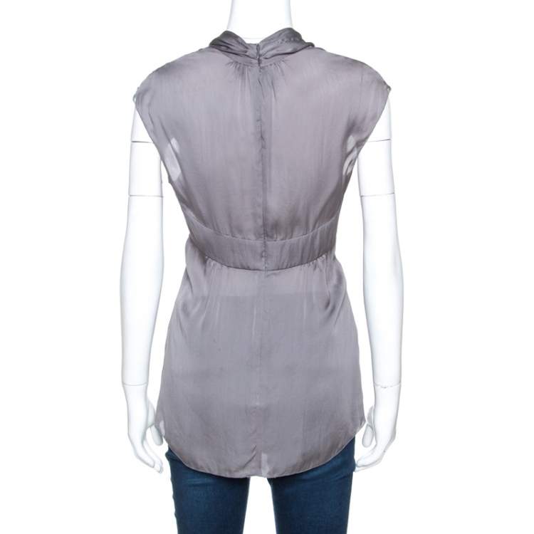 Pre Owned Prada Grey Silk Draped Front Short Sleeve Tunic Top M 