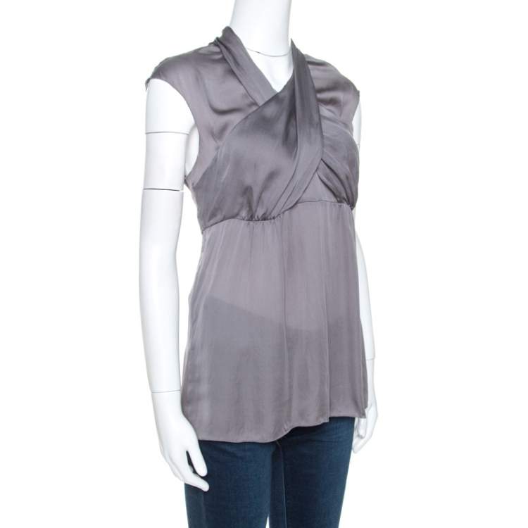 Pre Owned Prada Grey Silk Draped Front Short Sleeve Tunic Top M 