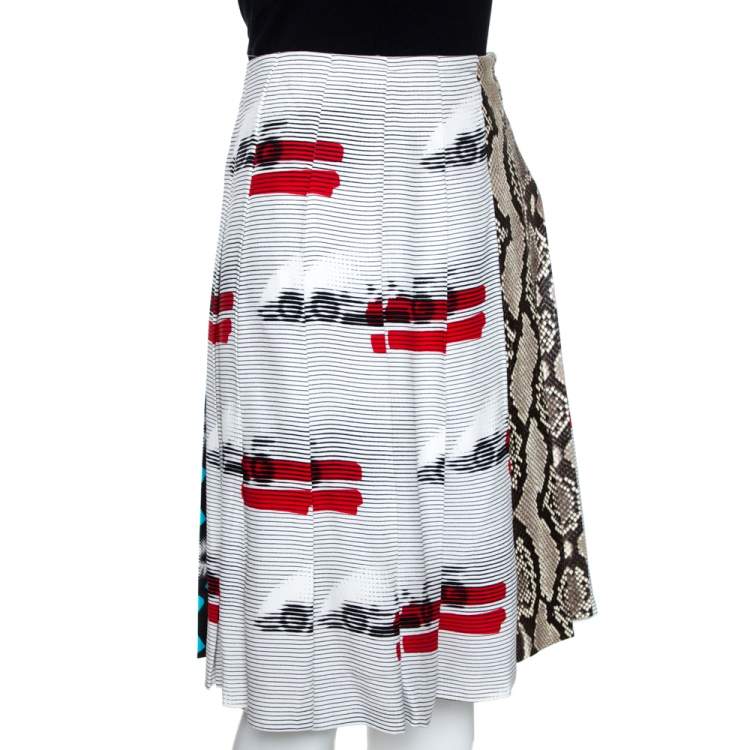 Prada White Printed Crepe Python Skin Trim Pleated Skirt L Prada | TLC