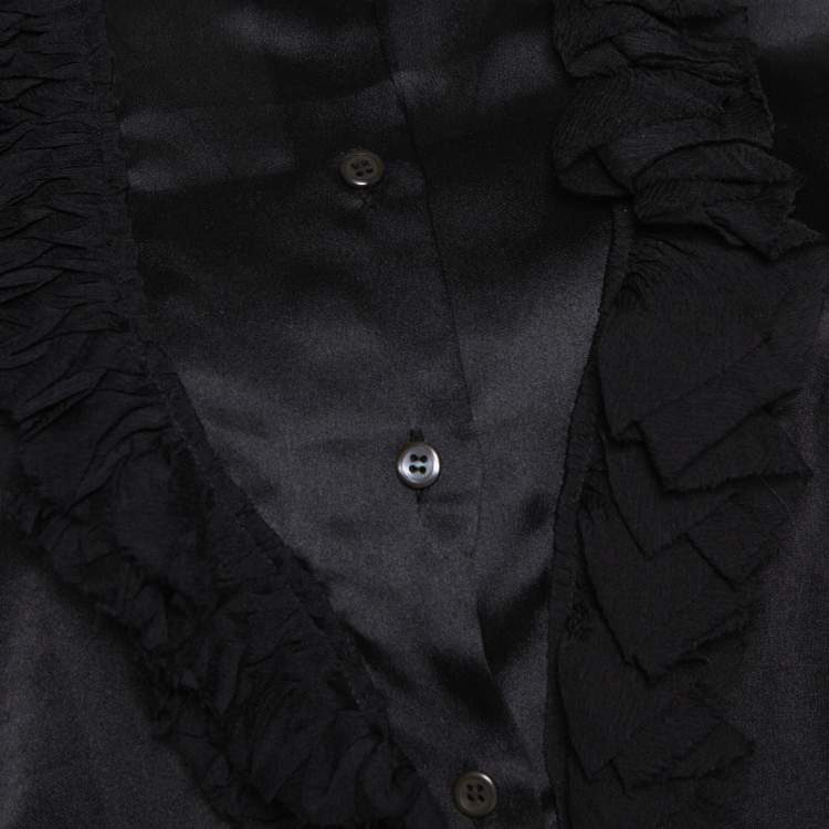 Pre Owned Prada Black Silk Ruffle Trim Button Front Shirt M