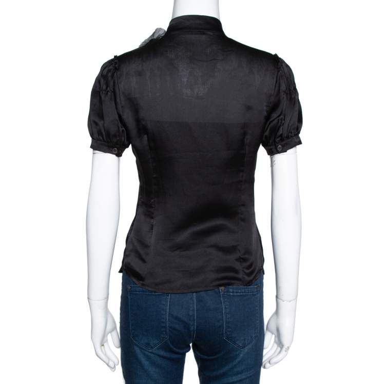 Pre Owned Prada Black Silk Ruffle Trim Button Front Shirt M