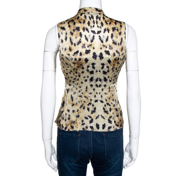 Pre Owned Prada Beige Printed Silk Gathered Bow Tie Detail Blouse S