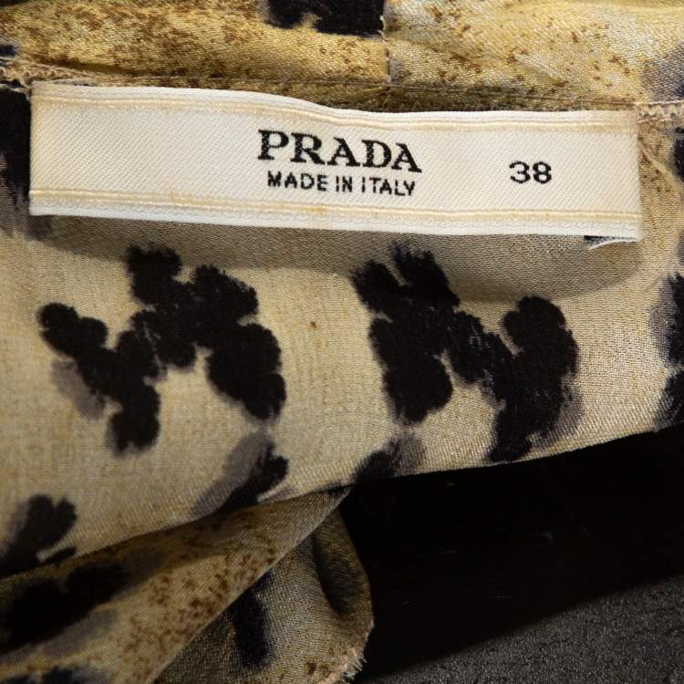 Pre Owned Prada Beige Printed Silk Gathered Bow Tie Detail Blouse S