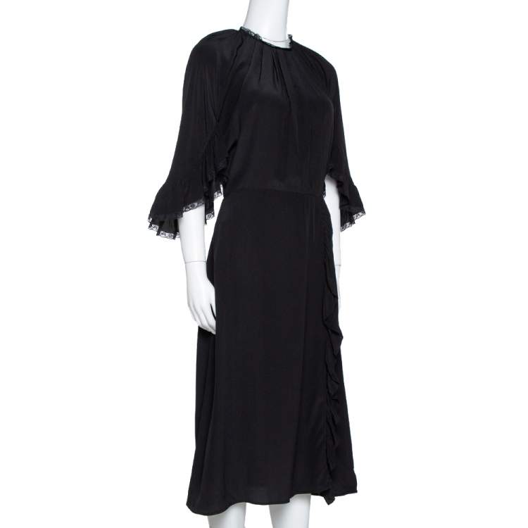 Pre Owned Prada Black Silk Lace Trim Ruffled Midi Dress M