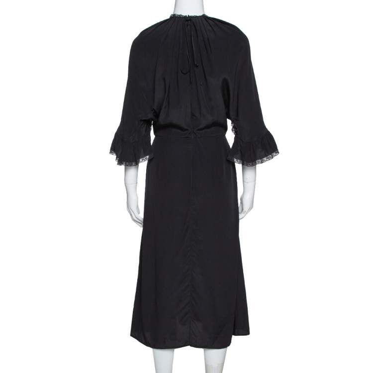 Pre Owned Prada Black Silk Lace Trim Ruffled Midi Dress M