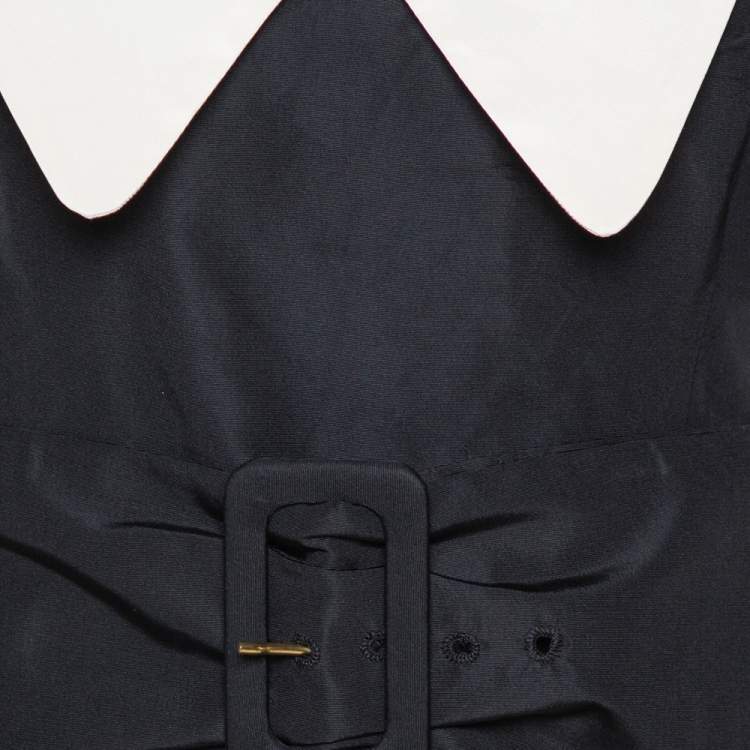 Pre Owned Prada Black Silk Faille Belted Flared Dress M