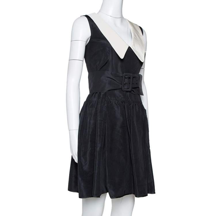 Pre Owned Prada Black Silk Faille Belted Flared Dress M