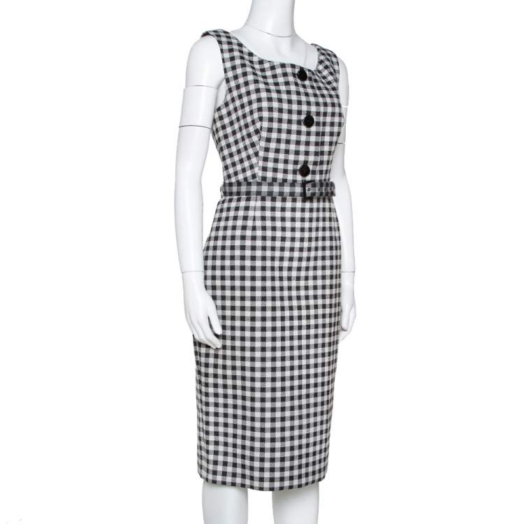Pre Owned Prada Cream & Black Checked Wool Blend Sheath Dress M