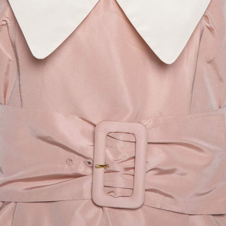 Pre Owned Prada Pale Peach Silk Faille Belted Flared Dress S