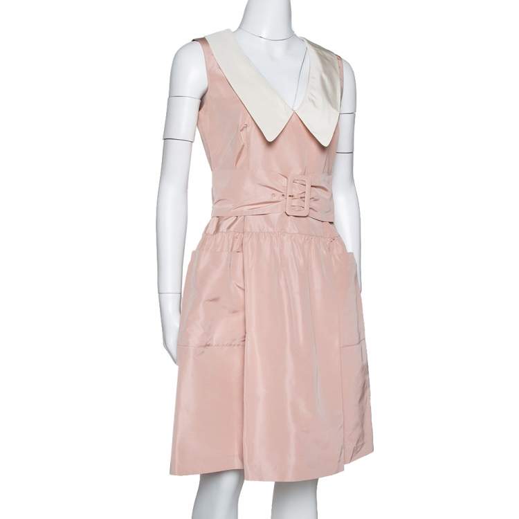 Pre Owned Prada Pale Peach Silk Faille Belted Flared Dress S