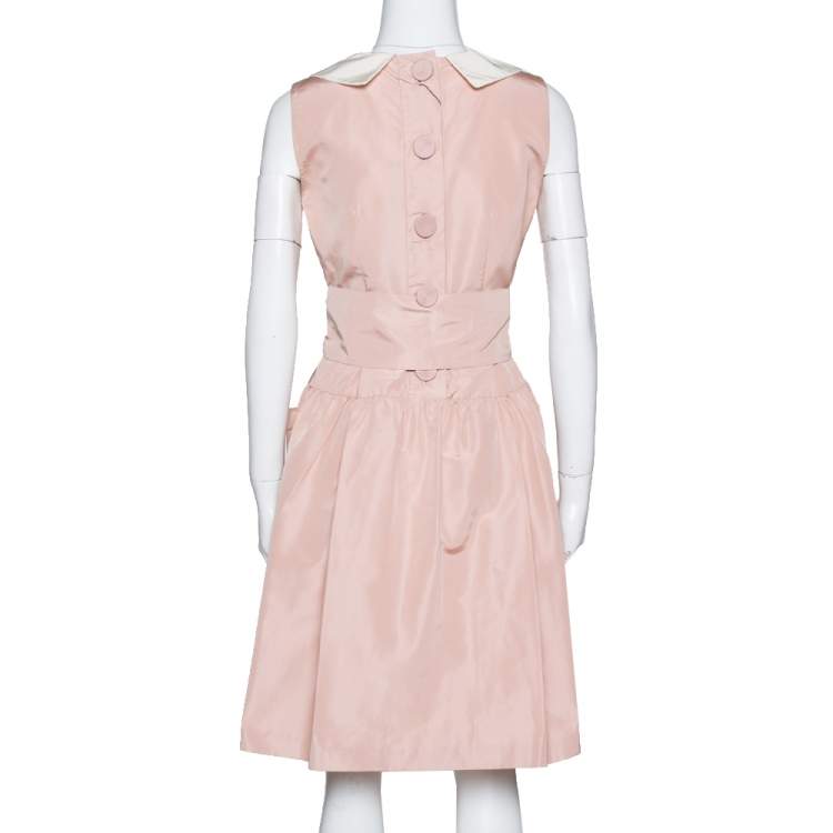 Pre Owned Prada Pale Peach Silk Faille Belted Flared Dress S