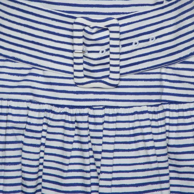 Pre Owned Prada Blue & White Striped Cotton Belted Knee Length Dress M