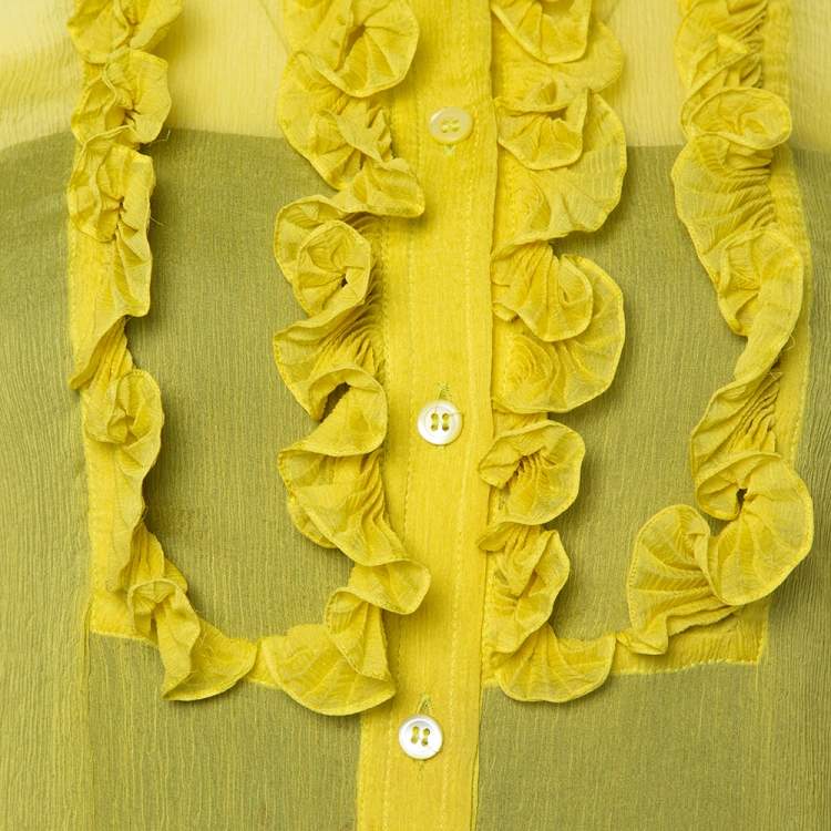 Pre Owned Prada Yellow Silk Crepon Ruffle Front Sheer Blouse M