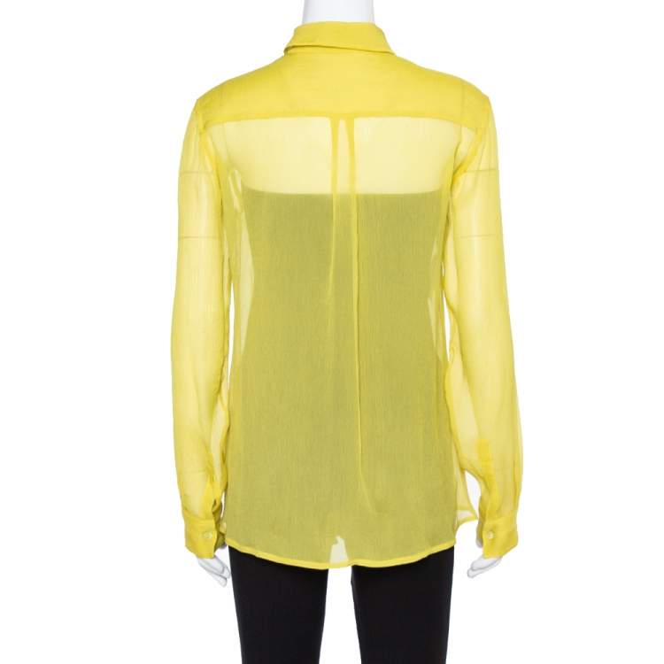Pre Owned Prada Yellow Silk Crepon Ruffle Front Sheer Blouse M