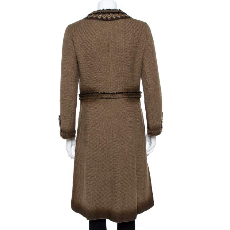 Pre Owned Prada Brown Wool Tweed Embellished Long Coat L