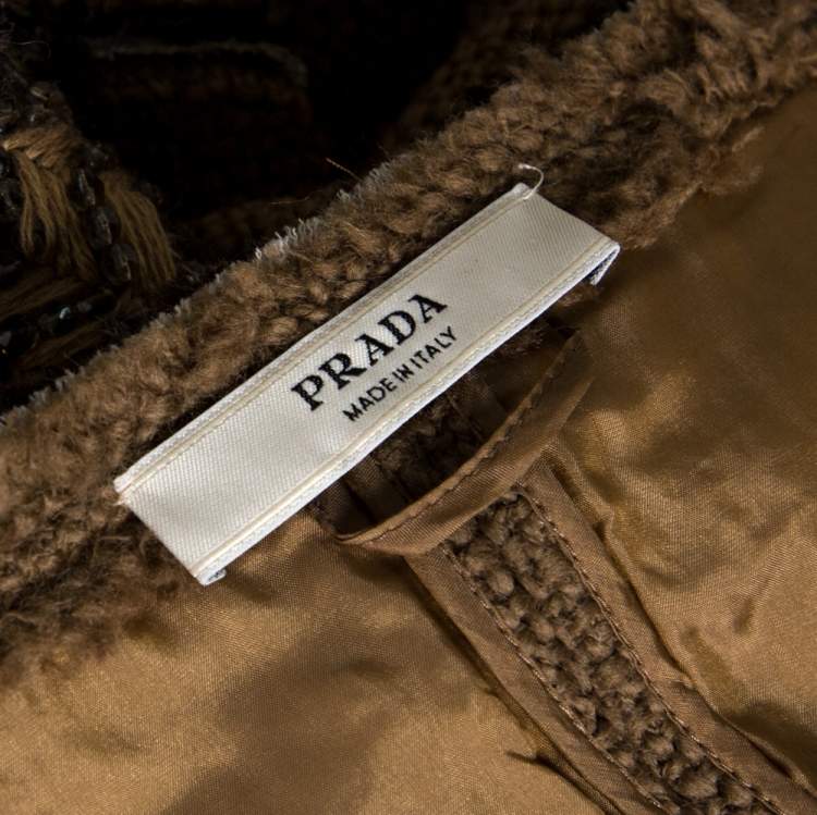 Pre Owned Prada Brown Wool Tweed Embellished Long Coat L