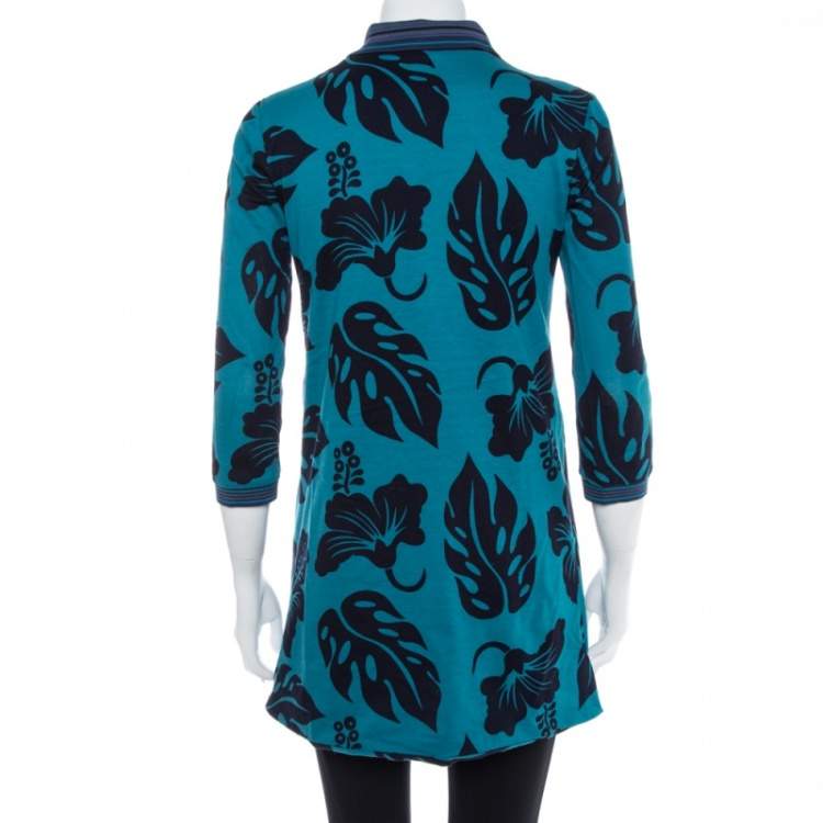 Pre Owned Prada Teal Blue Hawaiian Printed Cotton Pique Collared Tunic S